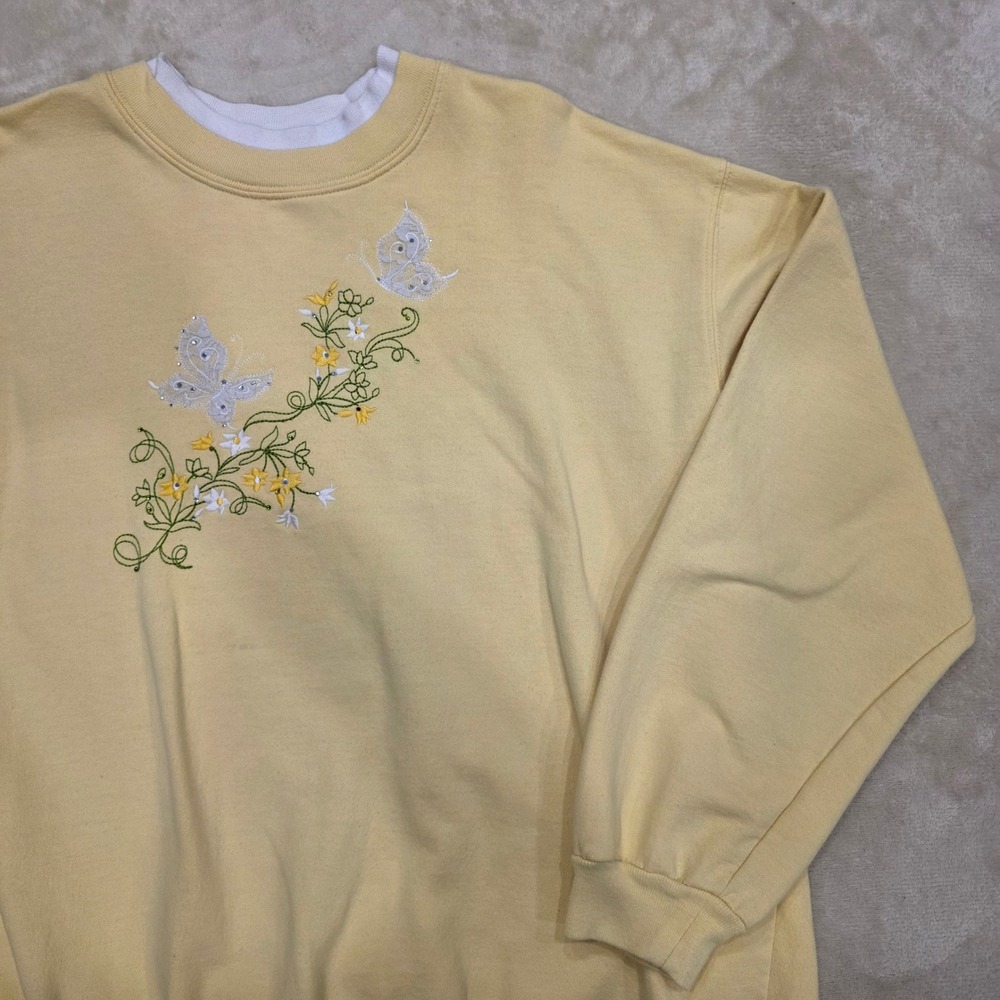 Vintage 90s Embroidered Butterfly Floral Sweatshirt Yellow Double Collar Size L - Picture 2 of 7